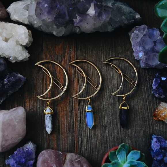 Gold Crescent Moon Hair Clip Natural Crystal Stone - Picture 5 of 5